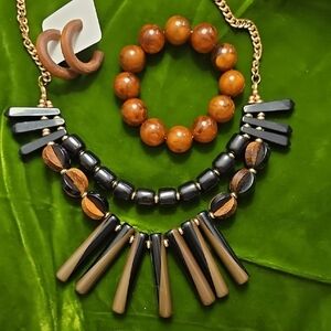 Boho Western Wood & Onyx Tone Statement Jewelry Set | Eclectic Whimsygoth